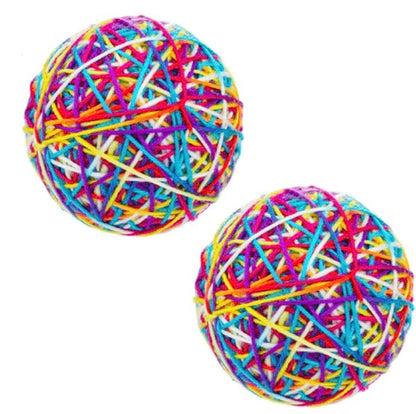 2 Pc Yarn Ball Bells Cat Toys Kitten Puppy Chase Round Play Rattle Colorful 4"