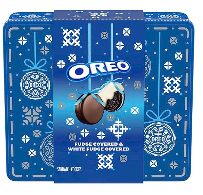 OREO Fudge and White Fudge Covered Chocolate Sandwich Cookies, Holiday Cookies, 1.02 lb Tin