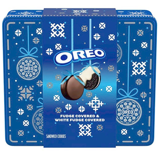 OREO Fudge and White Fudge Covered Chocolate Sandwich Cookies, Holiday Cookies, 1.02 lb Tin