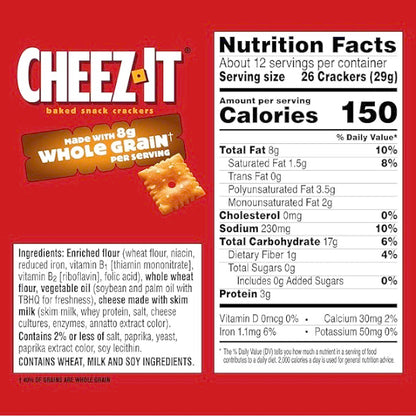 Cheez-It Cheese Crackers, Baked Snack Crackers, Office and Kids Snacks, Made with Whole Grain, 12.4oz Box (1 Box)