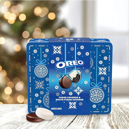 OREO Fudge and White Fudge Covered Chocolate Sandwich Cookies, Holiday Cookies, 1.02 lb Tin